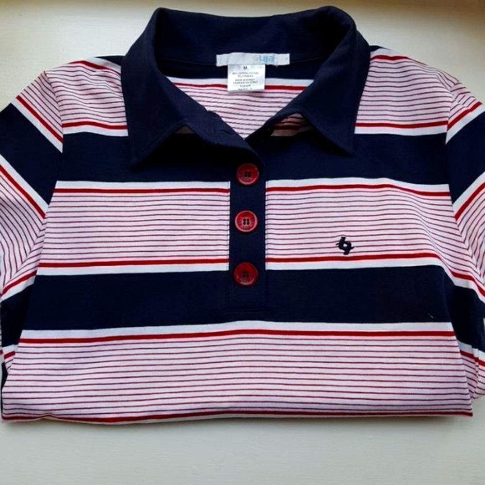 LIJA Golf Sports Shirt Navy, Red and White Stipes and Cap Sleeve Medium  …
